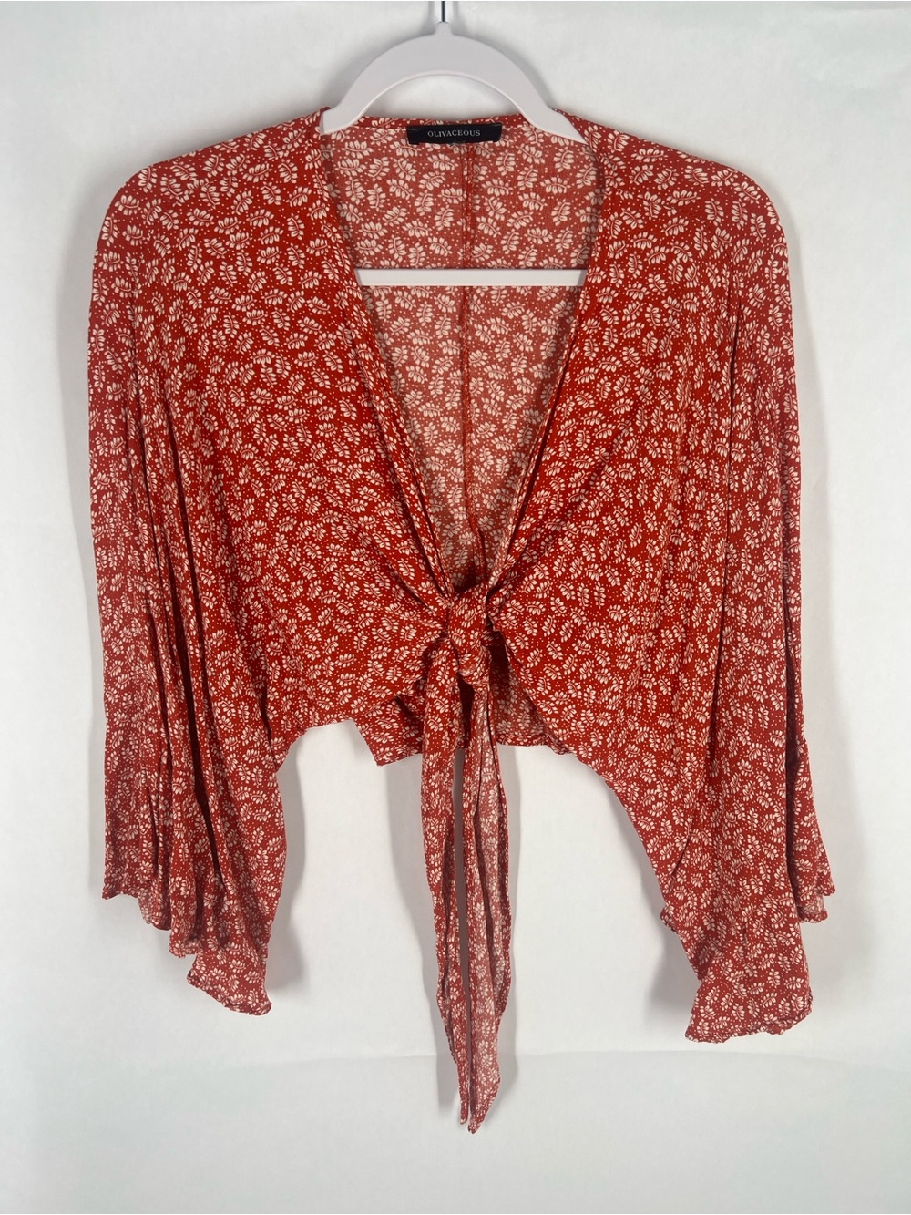 Olivaceous Red Floral Print Tie-Front Top